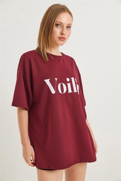 Voila Baskılı Oversize İki İplik Tshirt Bordo
