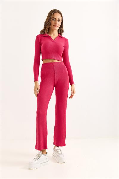 Kadın Polo Yaka İkili Fitilli Takım Pembe