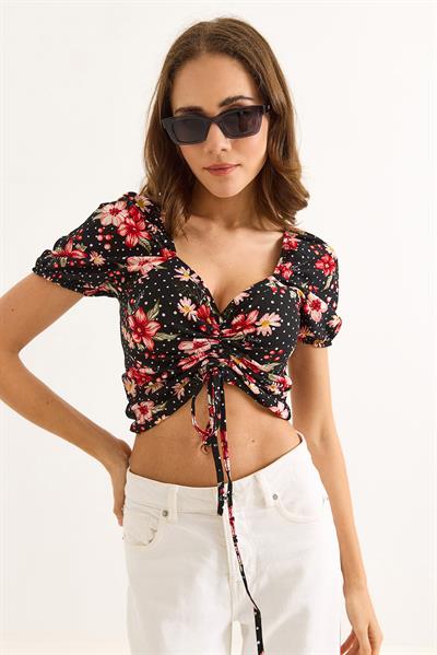 Desenli Prenses Kol Önden Büzgülü Bluz Siyah