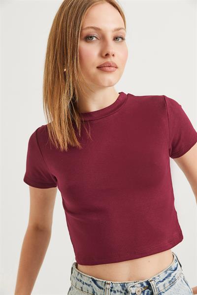 Bisiklet Yaka Esnek Crop Bluz Bordo