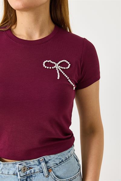 Kadın İnci Fiyonklu Bisiklet Yaka Crop Bluz Bordo