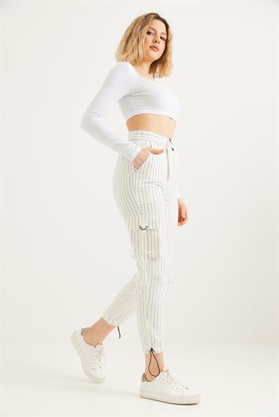  Yanları Cepli  Paça Lastikli Keten Pantolon  Beyaz