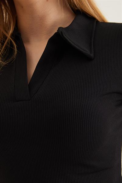 Polo Yaka Kadın Kısa Kol Bluz Siyah