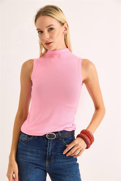 Kadın Dik Yaka Kolsuz Bluz Pembe