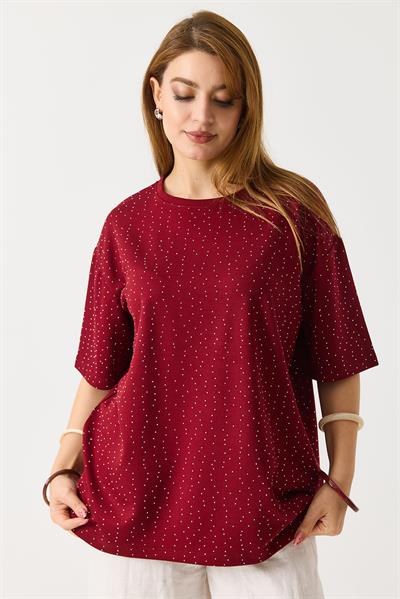 Kadın Taş Detaylı Bisiklet Yaka Oversize Tshirt Bordo