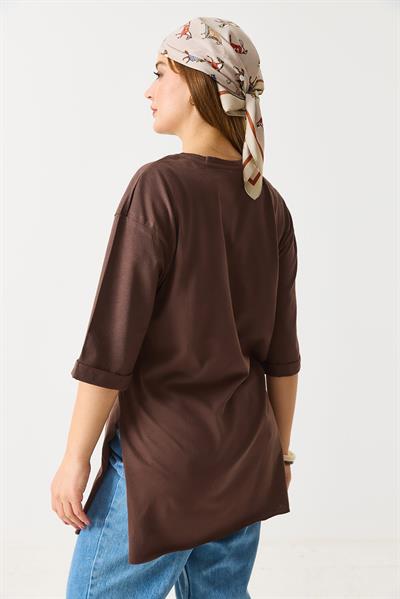 Kadın Yanları Yırtmaçlı Oversize  Basic Tshirt Kahverengi 