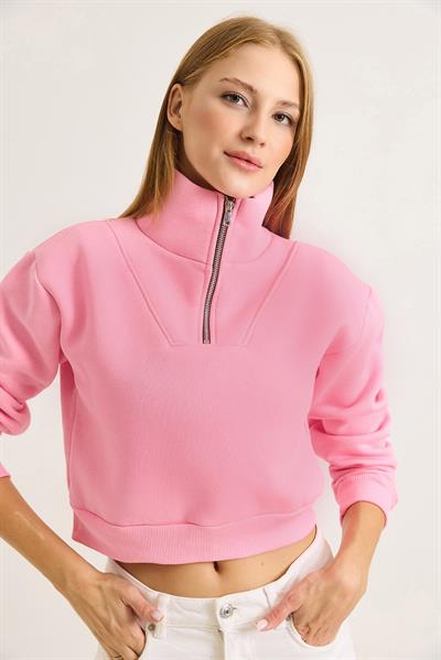 Kadın Yarım Fermuar Dik Yaka Kadın Sweat Pembe