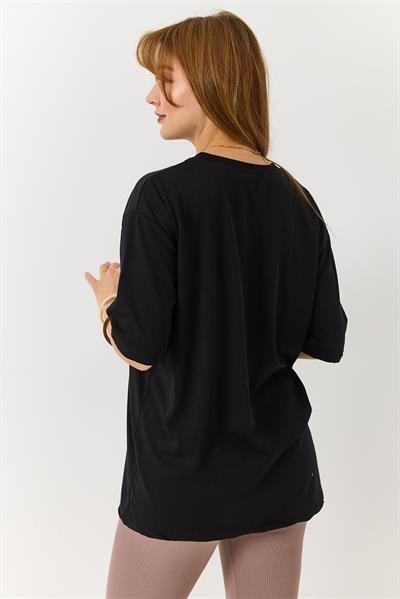 Kadın Leopar Nakışlı Bisiklet Yaka Tshirt Siyah