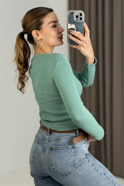 Kadın Fitilli Kare Yaka Uzun Kollu Bluz  Yeşil