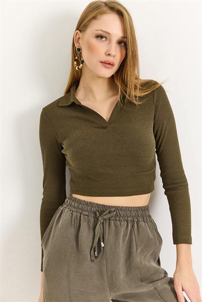 Kadın Polo Yaka Fitilli Crop Bluz Haki