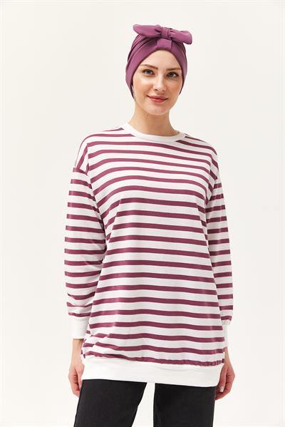 Çizgili Oversize Tunik Gül Kurusu