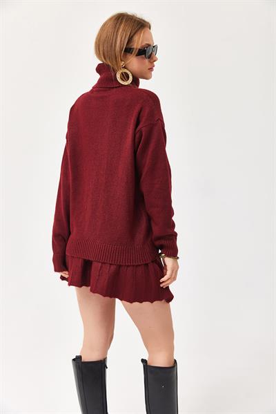 Balıkçı Yaka Etekli Triko Alt Üst Takım Bordo