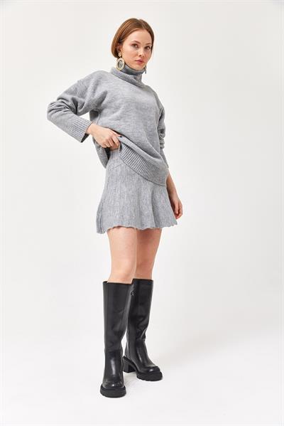 Balıkçı Yaka Etekli Triko Alt Üst Takım Gri