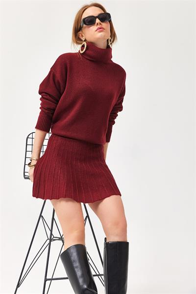 Balıkçı Yaka Etekli Triko Alt Üst Takım Bordo