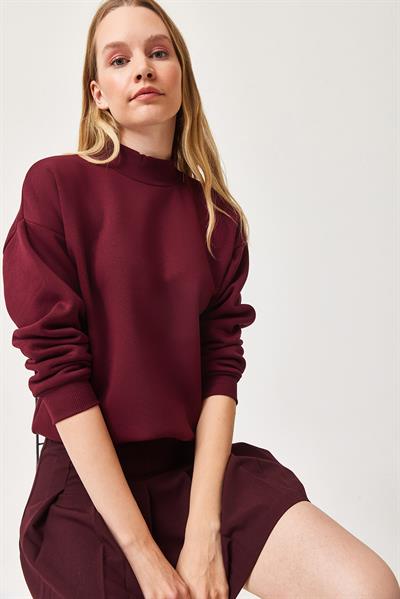 Balıkçı Yaka Şardonlu 3 ip Örme Sweatshirt Bordo