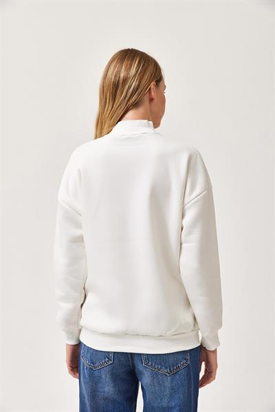 Balıkçı Yaka Şardonlu 3 ip Örme Sweatshirt Beyaz