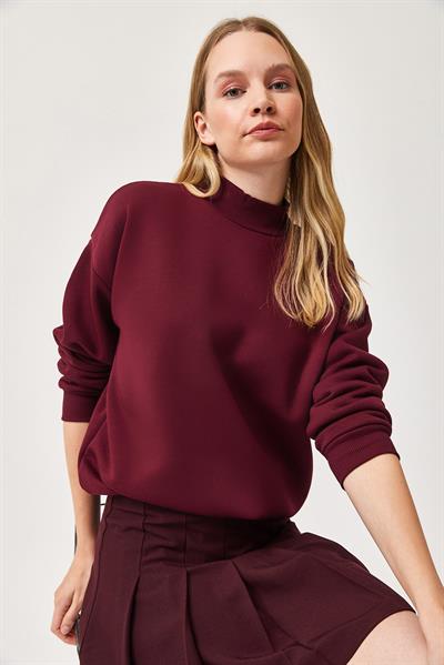 Balıkçı Yaka Şardonlu 3 ip Örme Sweatshirt Bordo