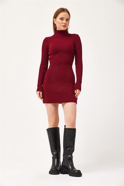 Balıkçı Yaka Triko Mini Elbise Bordo