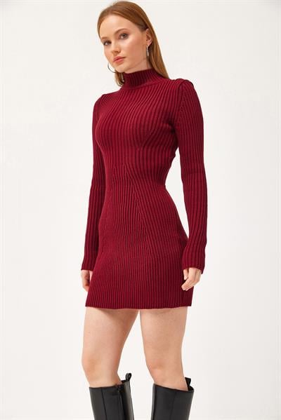 Balıkçı Yaka Triko Mini Elbise Bordo