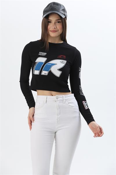 Baskılı İnce Fitilli Crop Ottoman Bluz Siyah