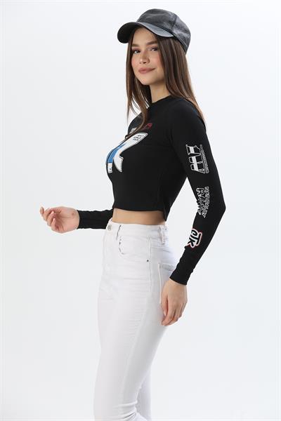 Baskılı İnce Fitilli Crop Ottoman Bluz Siyah