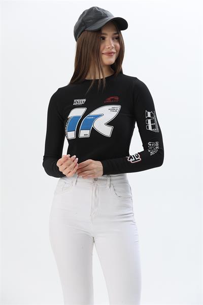 Baskılı İnce Fitilli Crop Ottoman Bluz Siyah