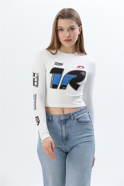 Baskılı İnce Fitilli Crop Ottoman Bluz Beyaz