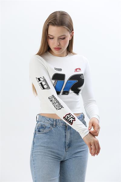 Baskılı İnce Fitilli Crop Ottoman Bluz Beyaz