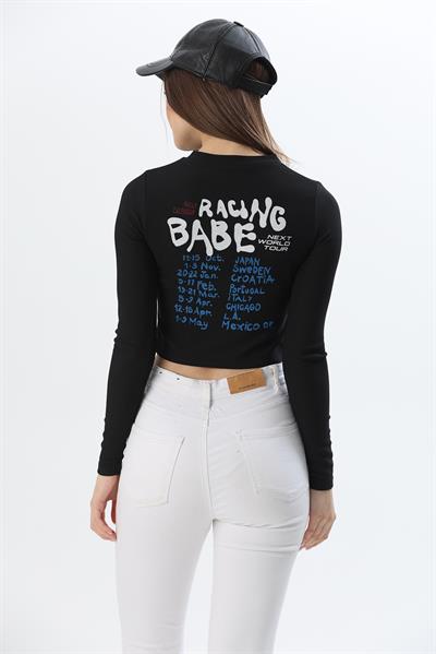 Baskılı İnce Fitilli Crop Ottoman Bluz Siyah