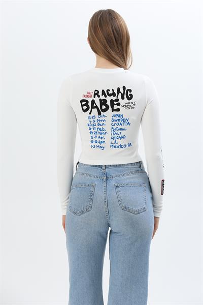 Baskılı İnce Fitilli Crop Ottoman Bluz Beyaz