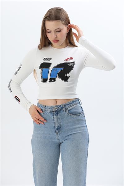 Baskılı İnce Fitilli Crop Ottoman Bluz Beyaz