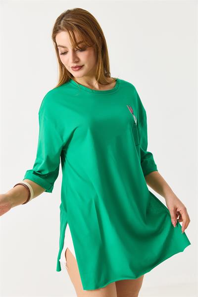 Kadın Yanları Yırtmaçlı  Oversize  Basic Tshirt Yeşil