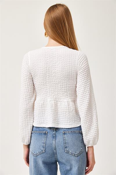 Bağlama Detaylı Esnek Örme Bluz Beyaz