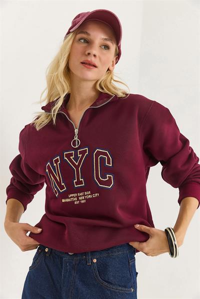 Nyc Nakışlı Fermuar Detaylı Dik Yaka Oversize Sweatshirt Bordo