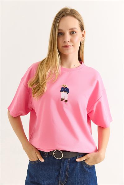 Ayıcık Nakışlı Rahat Kalıplı Tshirt Pembe