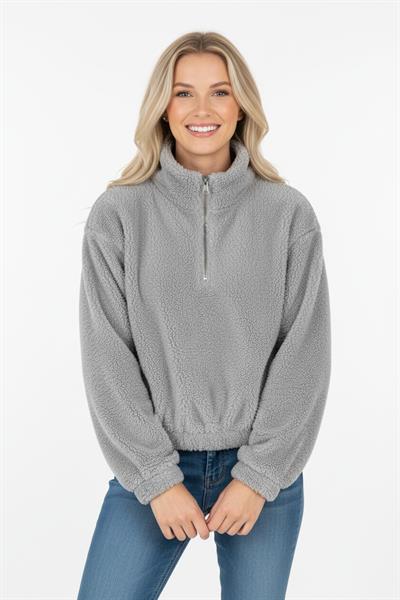 Kadın Yarım Fermuarlı Altı Büzgülü Gri Sweatshirt