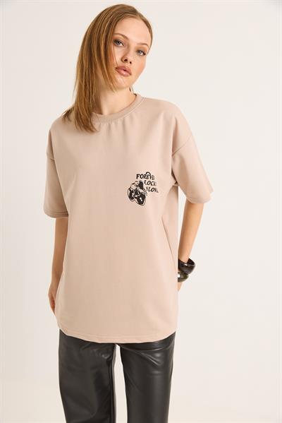 Baskılı Oversize İki İplik Tshirt Vizon