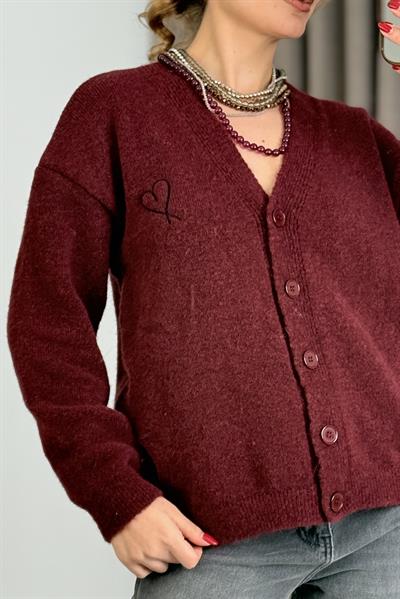 Kadın Düğmeli Geniş Kesim Triko Hırka Bordo