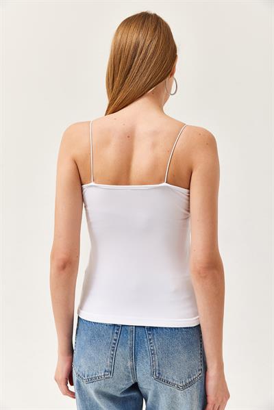 İp Askılı Uzun Crop Bluz Beyaz