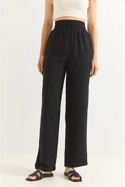 Ayrobin Kumaş Bol Paça Beli Lastikli Sİyah Pantalon