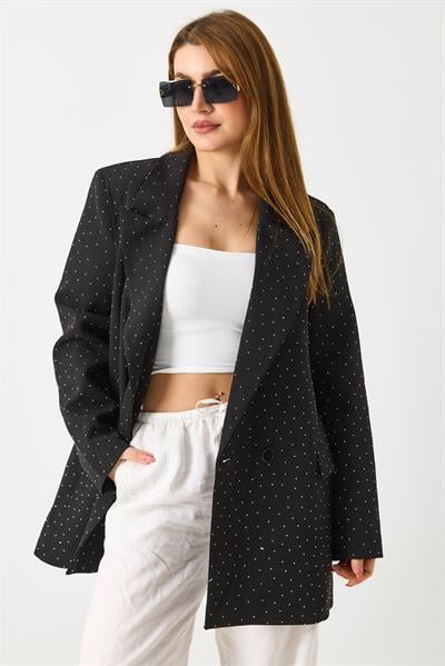 Kadın Taş Detaylı Astarlı Oversize Ceket Siyah