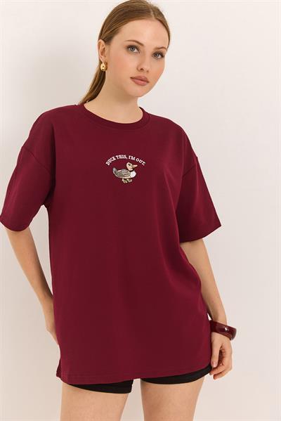 Duck Nakışlı Oversize İki İplik Tshirt Bordo