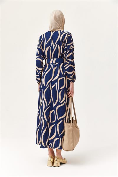 Kemerli Yarasa Kol Kemerli Elbise Lacivert