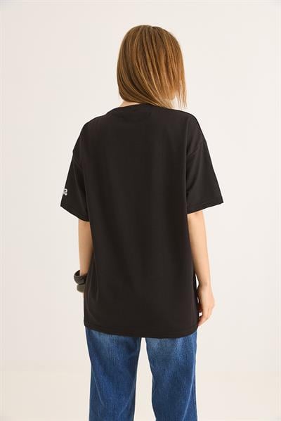 Bisiklet Yaka Baskılı Oversize Tshirt Siyah