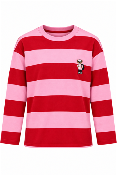Kadın Uzun Kollu Çizgili Ayıcık Desenli Sweatshirt Pembe