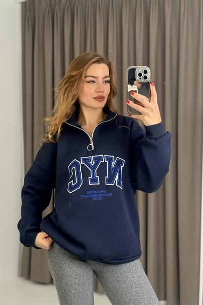Nyc Nakışlı Fermuar Detaylı Dik Yaka Oversize Sweatshirt Lacivert