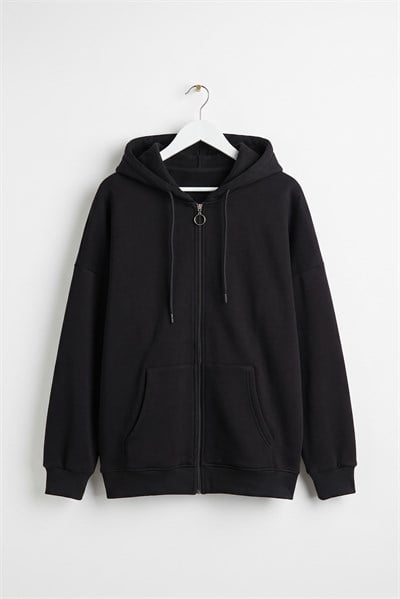 Kadın Kapüşonlu Fermuar Detaylı Cepli Sweatshirt Siyah
