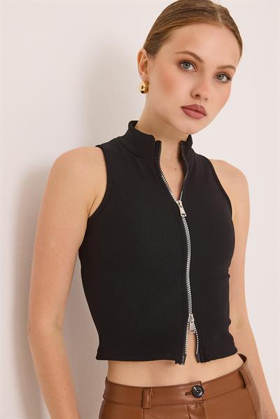 Fermuar Detaylı Fitilli Şık Örme Bluz Siyah