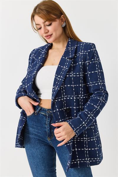 Kadın Ekoseli Blazer Ceket Lacivert