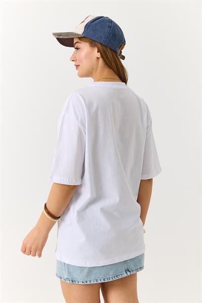 Kadın Leopar Nakışlı Bisiklet Yaka Tshirt Beyaz